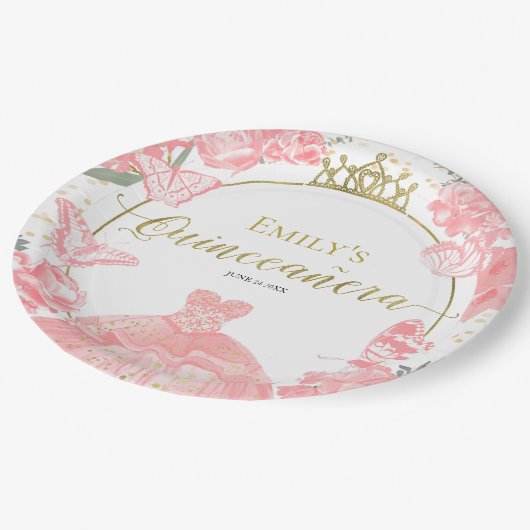 キンセアニェラ紙プレートピンクドレスフローラ金ゴールド ペーパープレート (アングル)