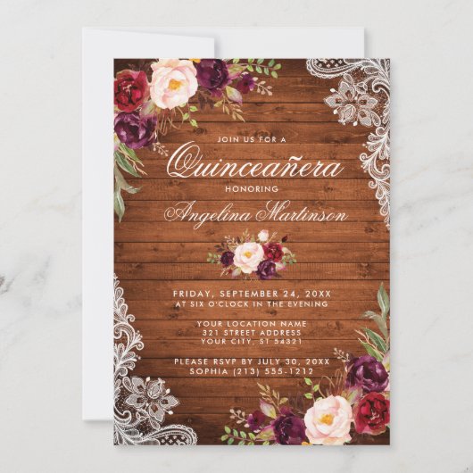 キンセアニェラ素朴ウッドレースバーガンディフローラ 招待状 (正面)