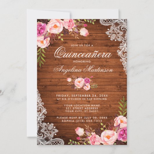 キンセアニェラ素朴ウッドレースピンクフローラ 招待状 (正面)