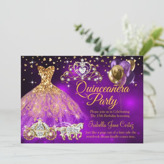 キンセアニェラ紫のバルーンはティアラのキャリッジをドレス 招待状 (スタンド正面)