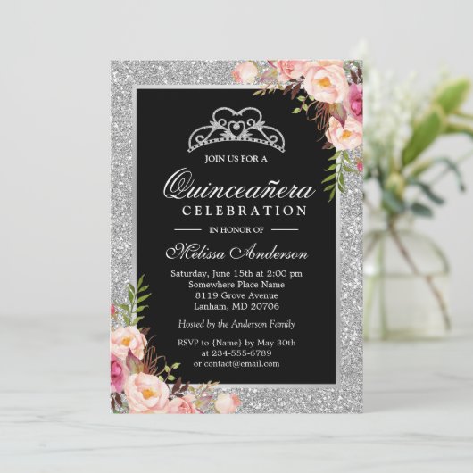 キンセアニェラ誕生日シルバーグリッタースパークルフローラ 招待状 (スタンド正面)