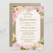 キンセアニェラ誕生日スパークルピンク金ゴールドフローラカード 招待状 (正面/裏面)