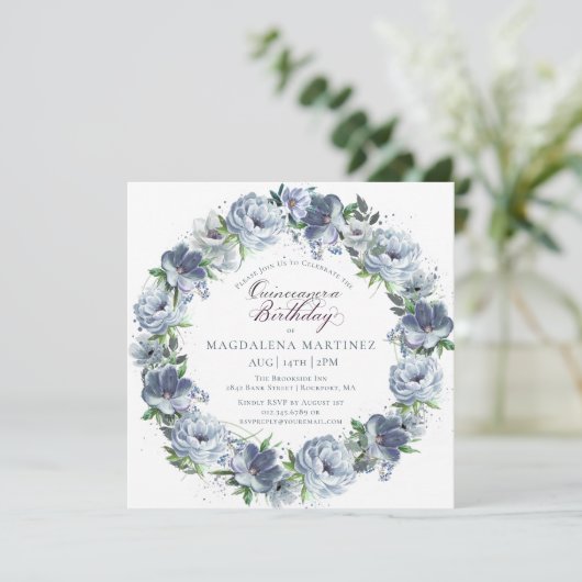 キンセアニェラ誕生日ダスティブルーフラワーリース 招待状 (スタンド正面)