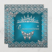 キンセアニェラ誕生日ティール(緑がかった色)シルバーティアラバタフライ 招待状 (正面/裏面)