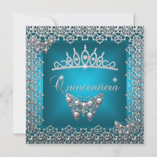 キンセアニェラ誕生日ティール(緑がかった色)シルバーティアラバタフライ 招待状 (正面)