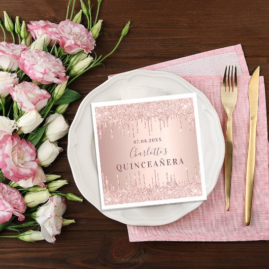 キンセアニェラ誕生日バラ金ゴールドグリッターモノグラム スタンダードカクテルナプキン