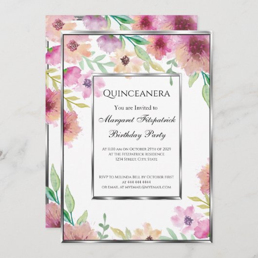 キンセアニェラ誕生日パーティーのピンクの花 招待状 (正面/裏面)