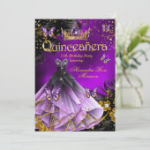 キンセアニェラ誕生日パープル金ゴールドドレスバタフライ 招待状 (スタンド正面)
