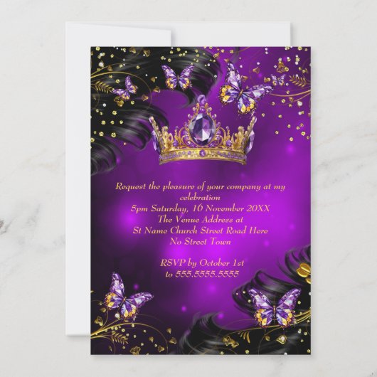 キンセアニェラ誕生日パープル金ゴールドドレスバタフライ 招待状 (裏面)