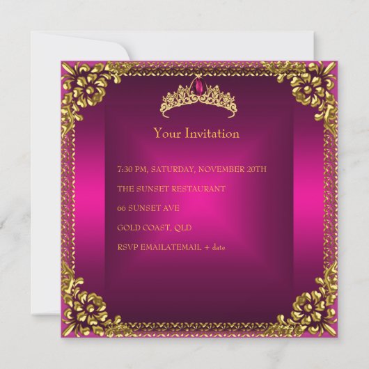 キンセアニェラ誕生日ピンクティアラ金ゴールドジェムジュエル 招待状 (裏面)