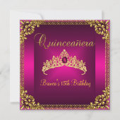 キンセアニェラ誕生日ピンクティアラ金ゴールドジェムジュエル 招待状 (正面)
