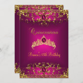 キンセアニェラ誕生日ピンクティアラ金ゴールドジェムジュエル 招待状 (正面/裏面)