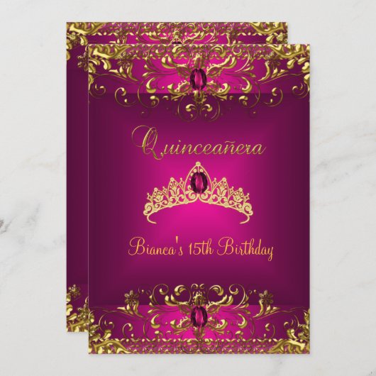 キンセアニェラ誕生日ピンクティアラ金ゴールドジェムジュエル 招待状 (正面/裏面)