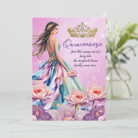 キンセアニェラ誕生日ピンクティール（緑がかった色）パープルドレス 招待状 (スタンド正面)