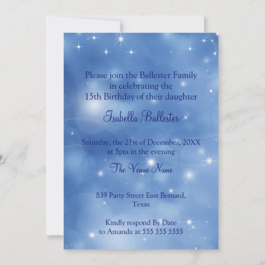 キンセアニェラ誕生日ブルーフェアユータリーキャリッジドレス 招待状 (裏面)