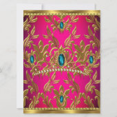 キンセアニェラ誕生日ホットピンクティール（緑がかった色）ブルーティアラ金ゴールド 招待状 (裏面)