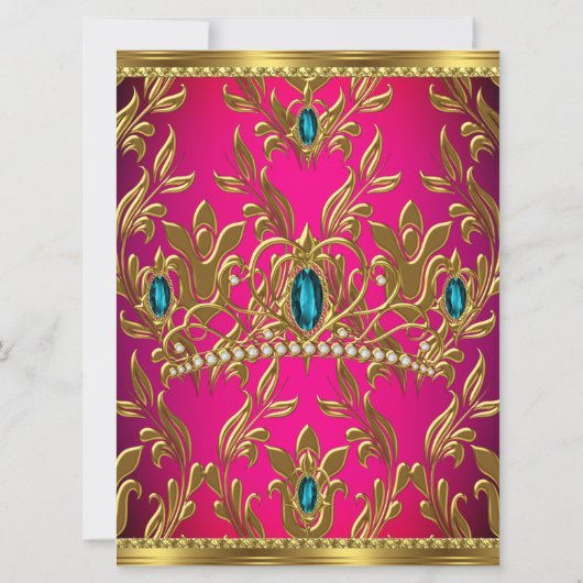 キンセアニェラ誕生日ホットピンクティール（緑がかった色）ブルーティアラ金ゴールド 招待状 (裏面)