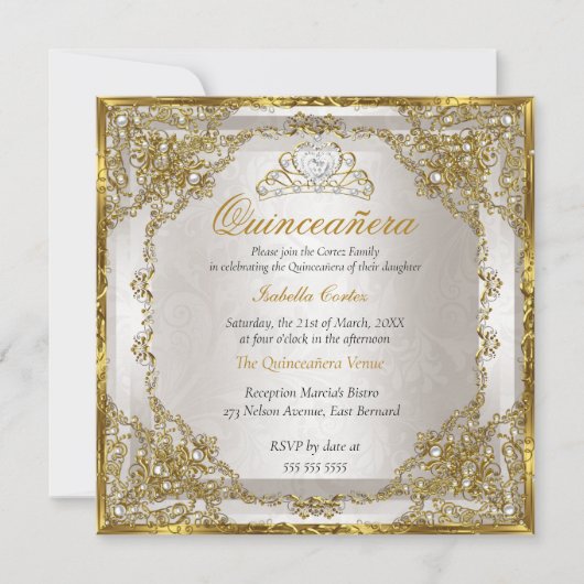 キンセアニェラ誕生日金ゴールドベージュパールダマスク 招待状 (正面)