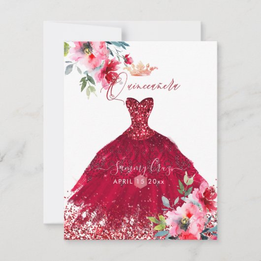 キンセアニェラ赤ききらめくガウン水彩花 招待状 (正面)