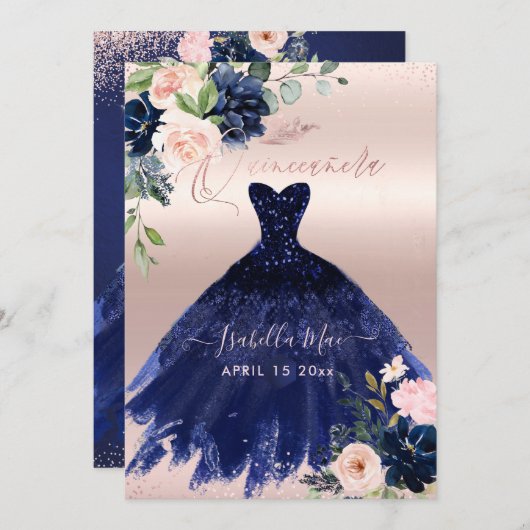 キンセアニェラ赤面ネイビーブルーウォーター色の花 招待状 (正面/裏面)