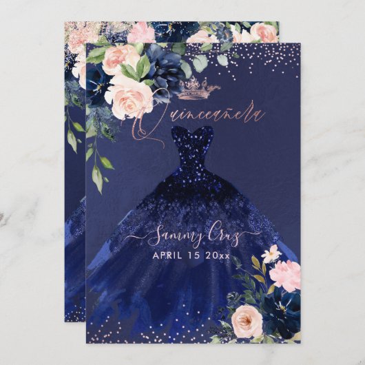 キンセアニェラ赤面ネービーブルーウォーターカラーフラワーズイン 招待状 (正面/裏面)