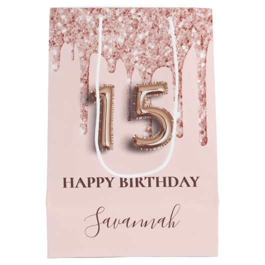 キンセアニェラ赤面ピンクグリッタードリップバラ金ゴールド ミディアムペーパーバッグ (裏面)