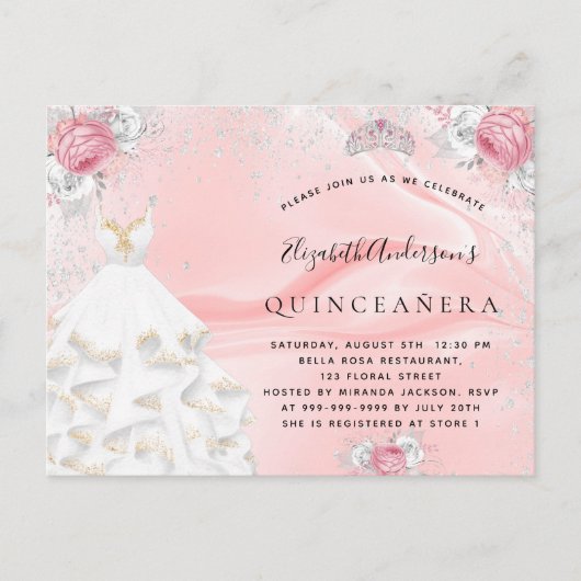 キンセアニェラ赤面ピンクグリッタードレスティアラフローラ インビテーションポストカード (正面)