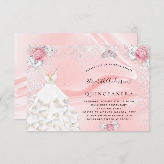 キンセアニェラ赤面ピンクグリッタードレスティアラフローラ 招待状 (正面/裏面)