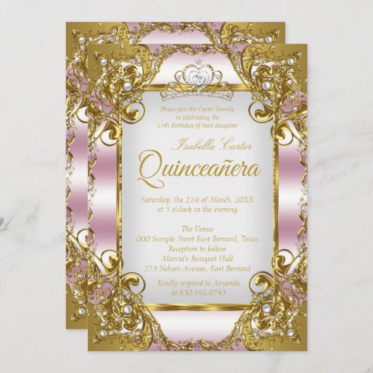 キンセアニェラ赤面ピンクゴールデンパールティアラパーティー 招待状 (正面/裏面)