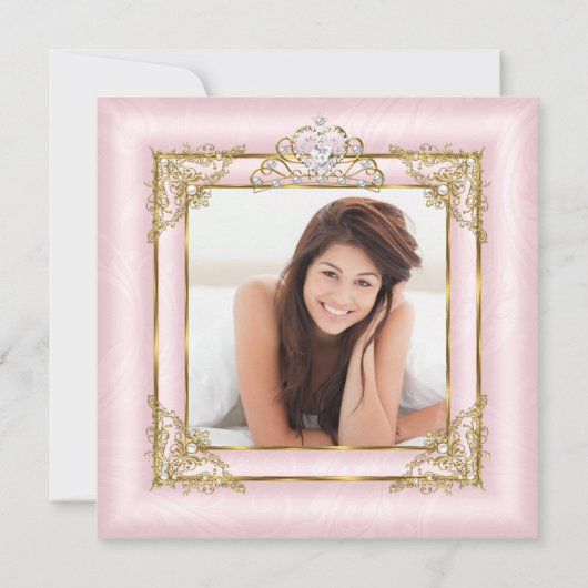 キンセアニェラ赤面ピンクダマスク写真金ゴールドティアラ2 招待状 (裏面)