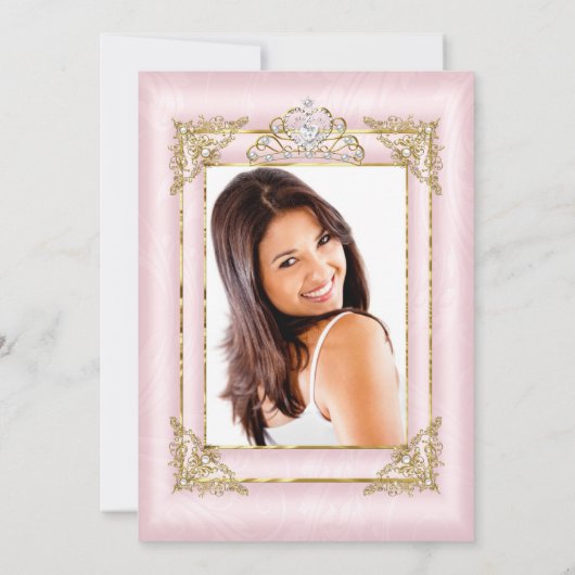 キンセアニェラ赤面ピンクダマスク写真金ゴールドティアラ 招待状 (裏面)