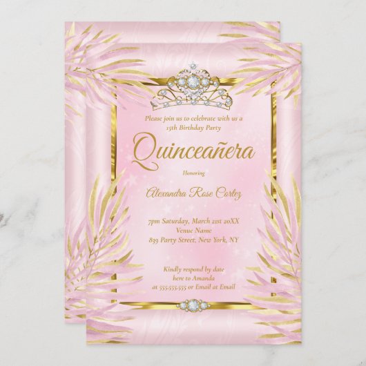 キンセアニェラ赤面ピンクティアラフォトバースデーパーティー 招待状 (正面/裏面)