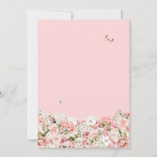 キンセアニェラ赤面ピンクホワイトフローラ&バタフライ 招待状 (裏面)