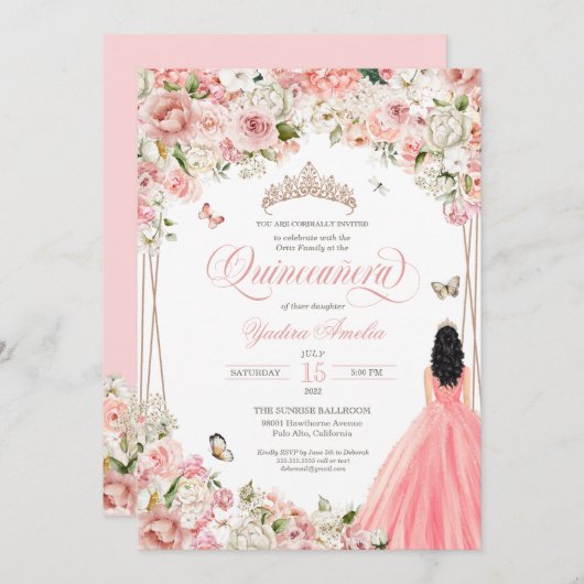 キンセアニェラ赤面ピンクホワイトフローラ&バタフライ 招待状 (正面/裏面)