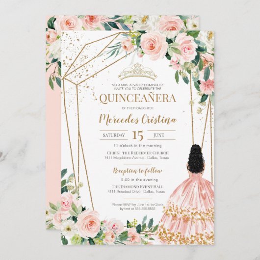 キンセアニェラ赤面ピンクローズと金ゴールド、ガールガウンI 招待状 (正面/裏面)