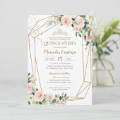 キンセアニェラ赤面ピンクローズアンド金ゴールドパールティアラ 招待状 (スタンド正面)