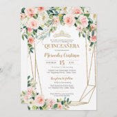 キンセアニェラ赤面ピンクローズアンド金ゴールドパールティアラ 招待状 (正面/裏面)