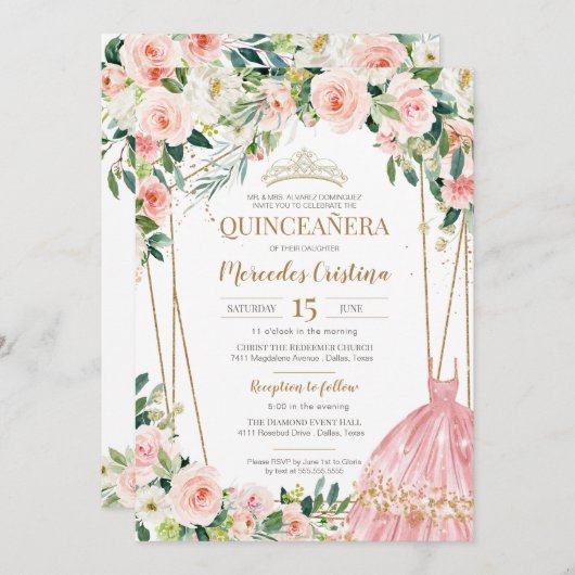 キンセアニェラ赤面ピンクローズアンド金ゴールドパールティアラ 招待状 (正面/裏面)