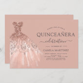 キンセアニェラ赤面ピンク – バラ金ゴールドグリッタースパークル 招待状 (正面/裏面)