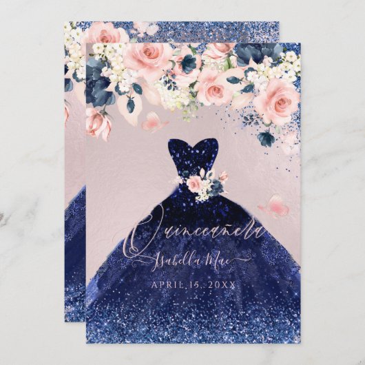 キンセアニェラ赤面フローラネイビーブルーグリッターガウン 招待状 (正面/裏面)