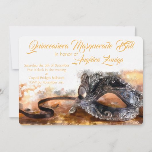 キンセアニェラ金ゴールドとブラックマスカレードウォーターカラー 招待状 (正面)