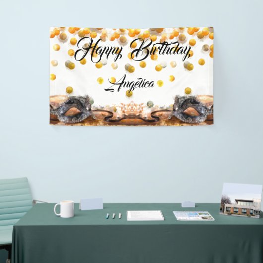 キンセアニェラ金ゴールドとブラック紙吹雪マスカレード 横断幕 (トレードショー)