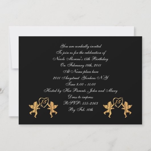 キンセアニェラ金ゴールドは15歳の誕生日に黒でキューピッド 招待状 (裏面)