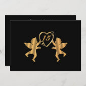 キンセアニェラ金ゴールドは15歳の誕生日に黒でキューピッド 招待状 (正面/裏面)