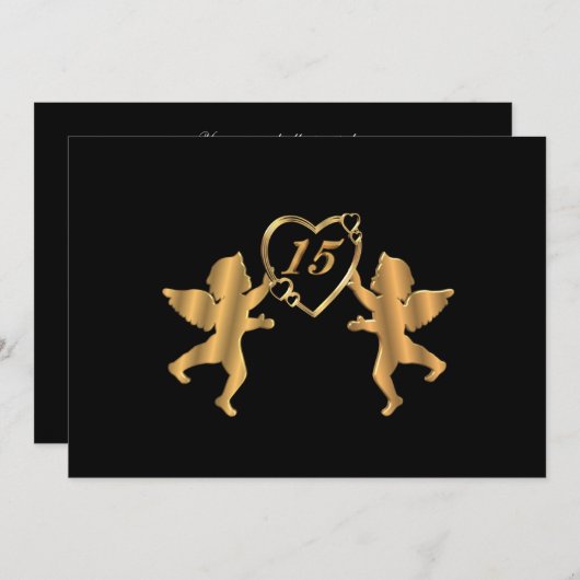 キンセアニェラ金ゴールドは15歳の誕生日に黒でキューピッド 招待状 (正面/裏面)