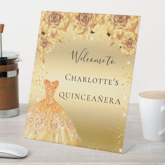 キンセアニェラ金ゴールドグリッタードレス花模様歓迎 台座サイン (インサイチュ)