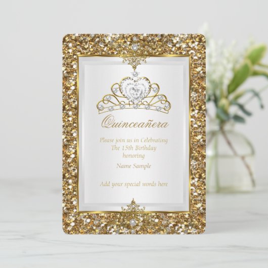 キンセアニェラ金ゴールドグリッターホワイトパールティアラ2 招待状 (スタンド正面)