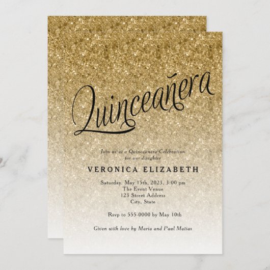 キンセアニェラ金ゴールドグリッター誕生日招待状 招待状 (正面/裏面)
