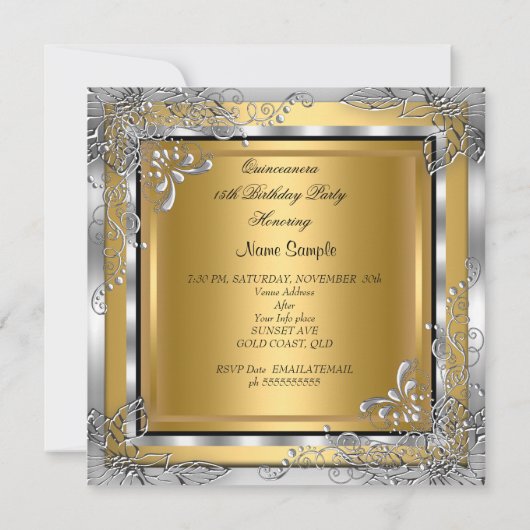 キンセアニェラ金ゴールドシルバーダイヤモンドティアラ15thパーティー 招待状 (裏面)