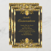 キンセアニェラ金ゴールドジェムズブラック15誕生日 招待状 (正面/裏面)